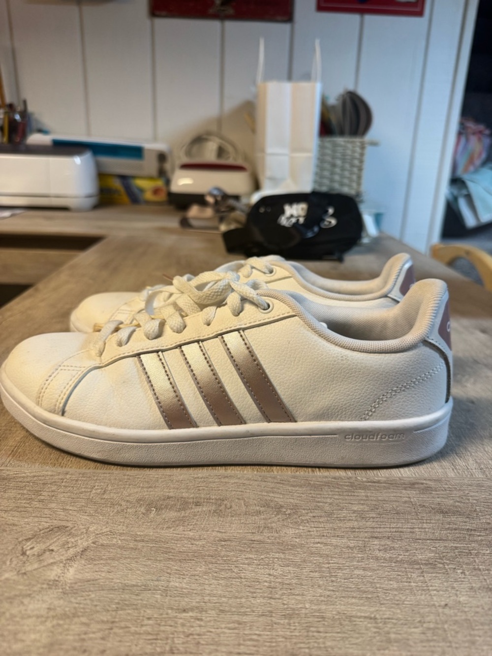 adidas White Sneakers with Metallic Pink Stripes
